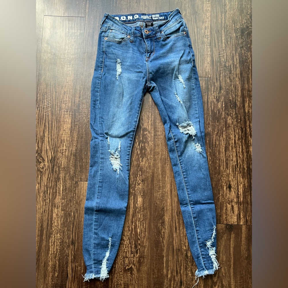 SONG Perfect Skinny Ankle Jeans Size 1/25 High Rise Blue Distressed Stretch 27"